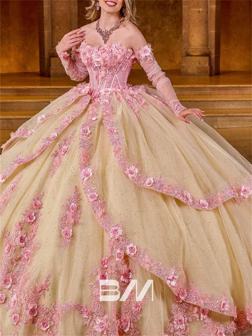 Vestido de quinceañera Floral rosa para mujer, vestido de baile con corsé sin hombros, forro champán, dulce 15 16, fiesta de cóctel, 2024