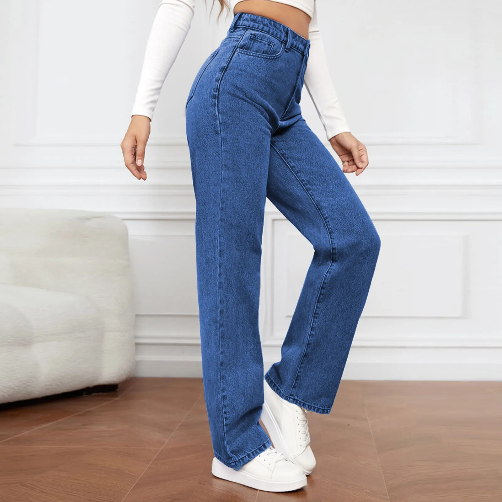 Women's Jeans Vintage Stretch Washed Denim Pants Fashion Versatile High Waisted Straight Jeans Streetwear Casual Wide Leg Jeans