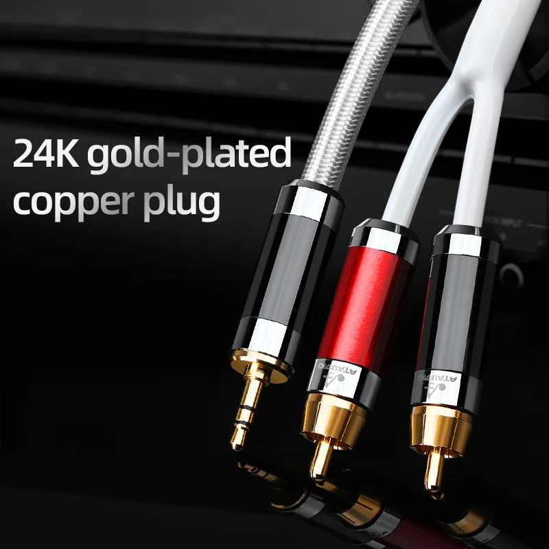 ATAUDIO HiFi 3.5mm to 2RCA Audio Cable Hi-end 7N OCC Noise-free Stereo 3.5 Jack to 2RCA Male for Amplifiers Audio Home Theater