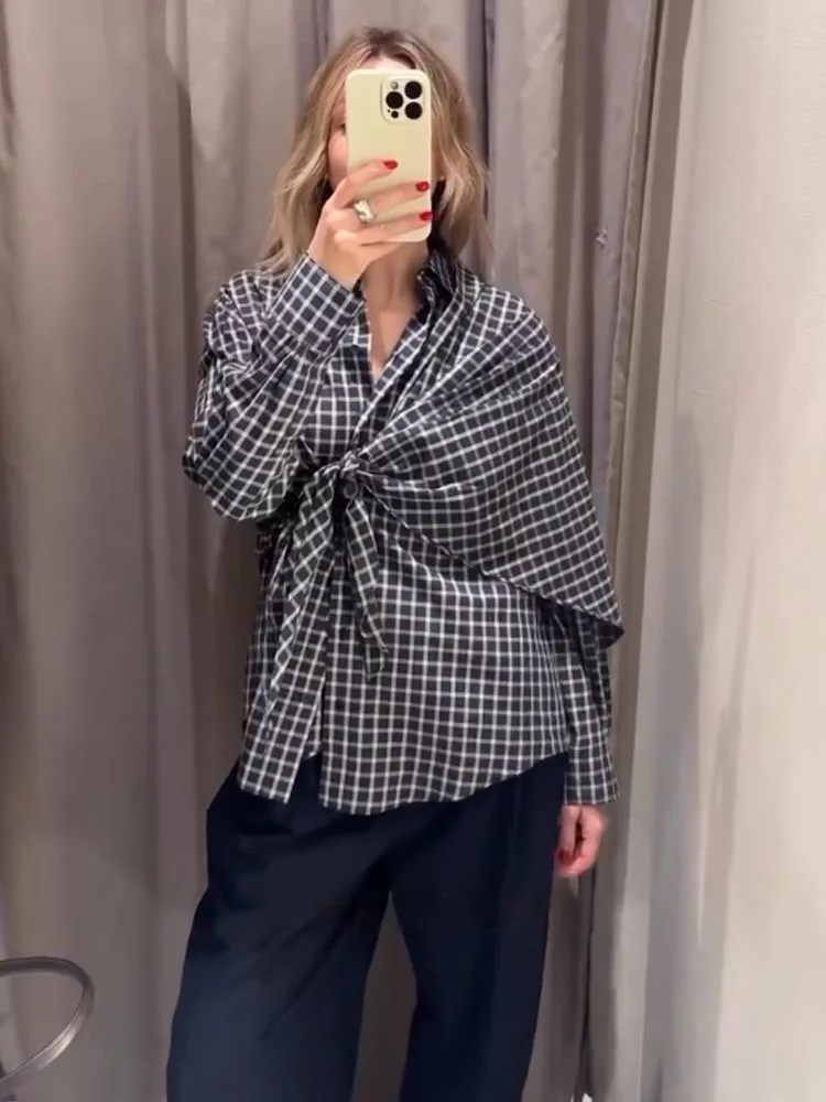 

HH Women 2026 Fashion Versatile Plaid Scarf Lapel Long Sleeve Shirt Female Temperament High Street Casual Single Breasted Blouse