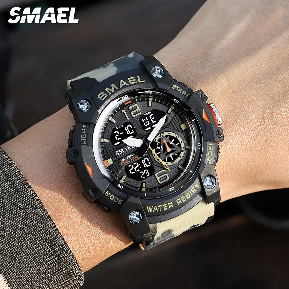 SMAEL Dual Time Display Digital Quartz Watch Men Waterproof Sport Wristwatch with Chronograph Camouflage Khaki Strap Date 8007