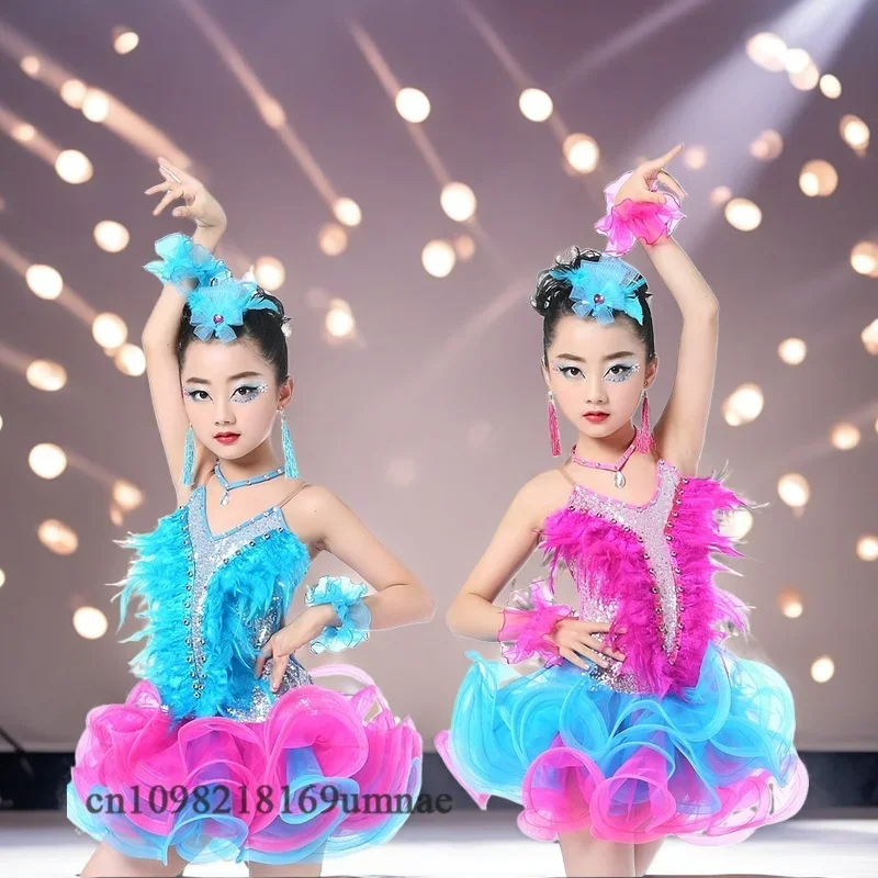 Kinderen Professionele Latin Dans Jurk voor Meisjes Ballroom Danswedstrijd Jurken pailletten veer Nieuwe Latin dansjurk met franjes