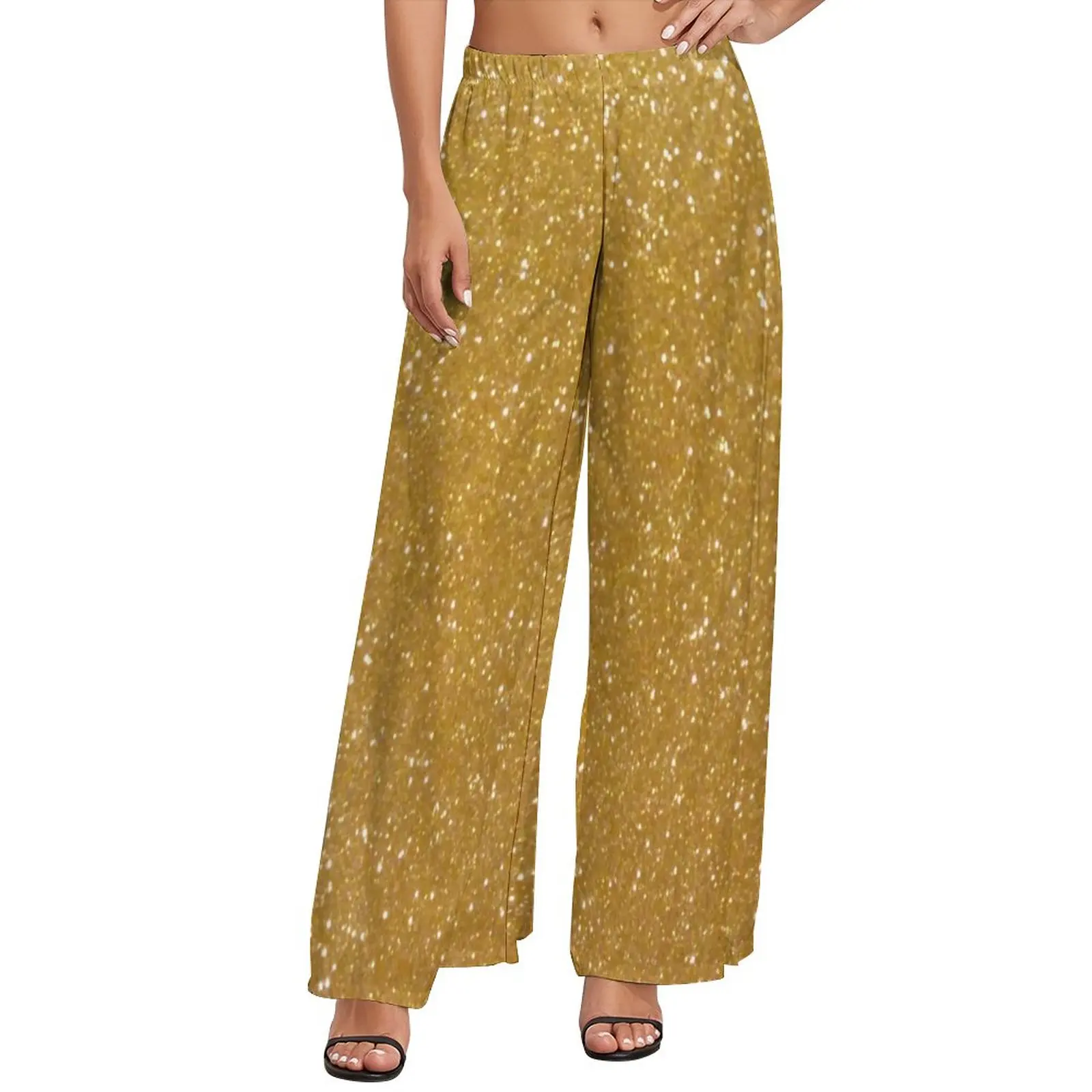 Faux Gold Metallic Pants Elastic Waist Glitter Metal Print Sparkly Home Trousers Aesthetic Custom Wide Pants