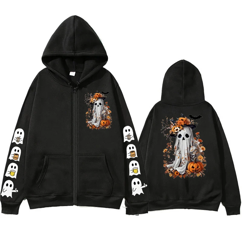 Pumpkin Skeleton Drinking Coffee Women Zip Hoodies Sweatshirts Skeleton Coffee Lover Halloween Sweatshirt Skull Pumpkin Hoodies