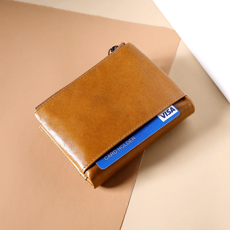 Rfid Blokkeren Bruin Vintage Echt Leer Heren Bifold Portemonnee Dubbele Rits Broekzak Multifunctionele Creditcardhouder Portemonnee