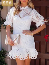 Summer Hollow Out Women Elegant Dress Short Sleeve Slim Fit Stand Collar High Waist A-Line Mermaid Lace Short Dresses Female