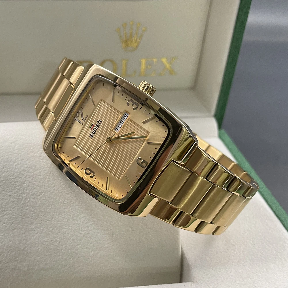 SWISH Gold Square Luxury Quartz Men Watch Relogio Masculino Calendar Weekday Male Wristwatch Two Tone Gold Stainless Steel