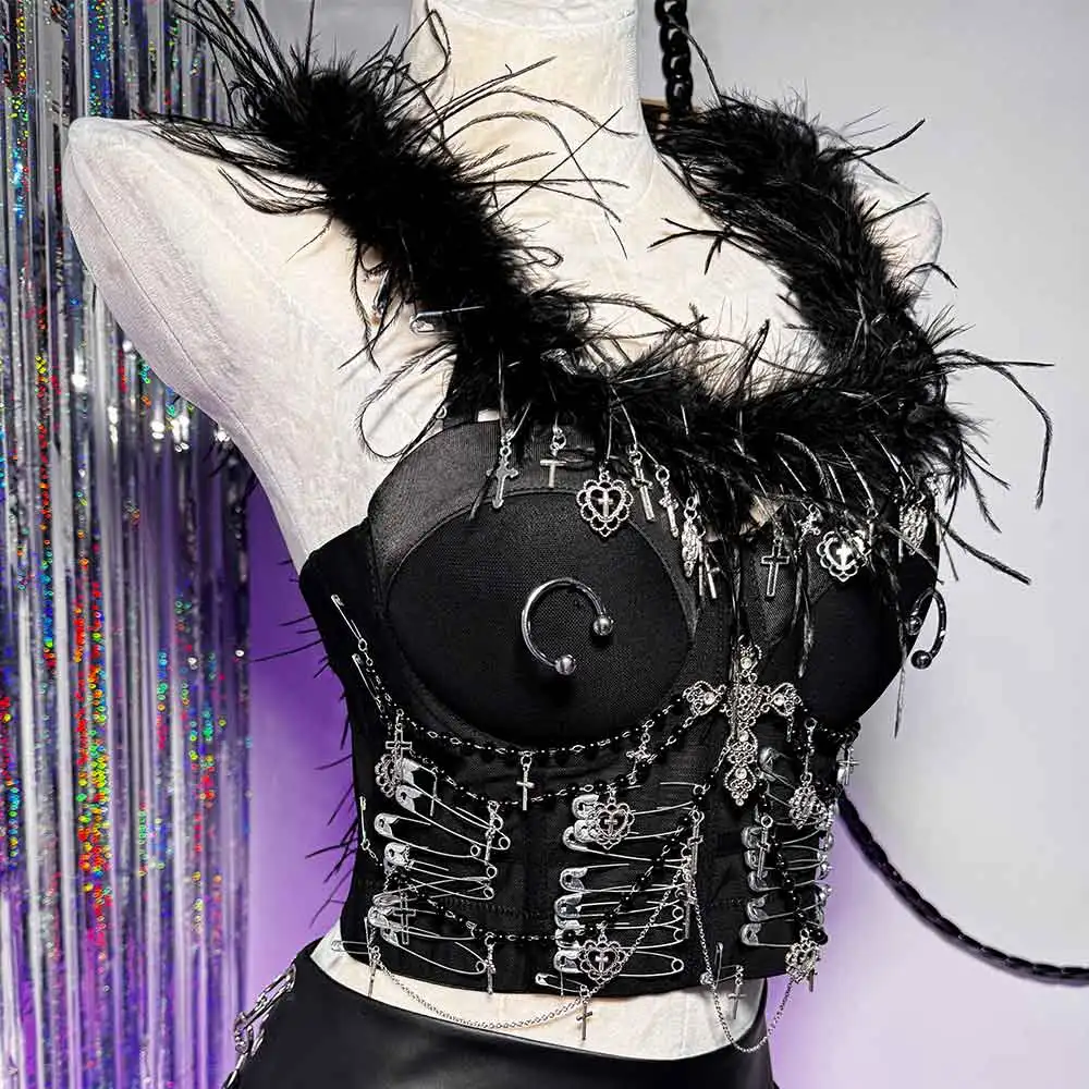 Y2K TOPS Glitch Core Teen Cross Pin E-Girls Gothic Tank Vintage Goth Emo Fashion Revival Punk Rock Harajuku Grunge Club Wear