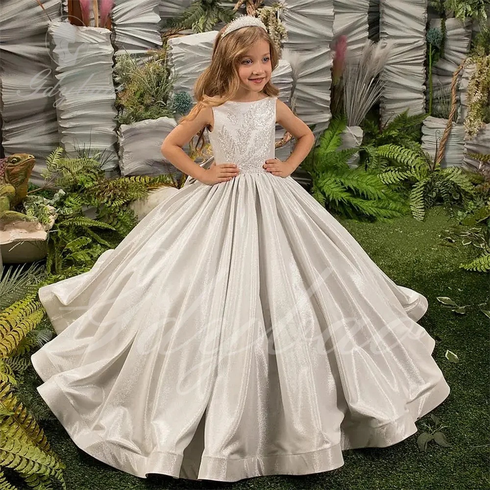 Flower Girl Dresses Bow Ball Gown Wedding Party Appliqued Extra Puffy Princess Holy First Communion Dress