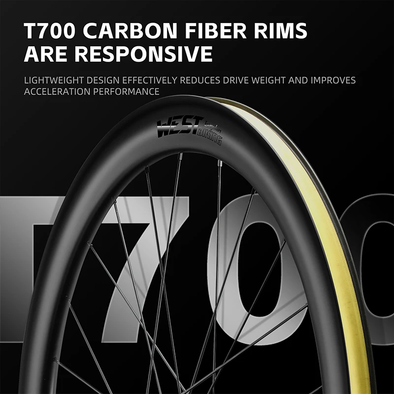 WEST BIKING Bicycle Wheel Set T700 Carbon Fiber 50mm Wheel Disc Brake Clincher Tubeless Tyre Safe Road Bike Wheel Cycling Parts