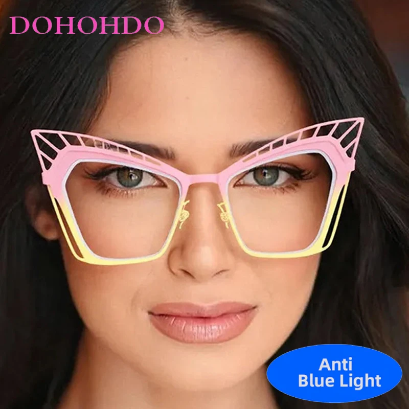

Metal Oversized Cat Eye Hollow Blue Light Blocking Glasses Women Men Brand Designer Optical Computer Eye Protection Eyeglasses