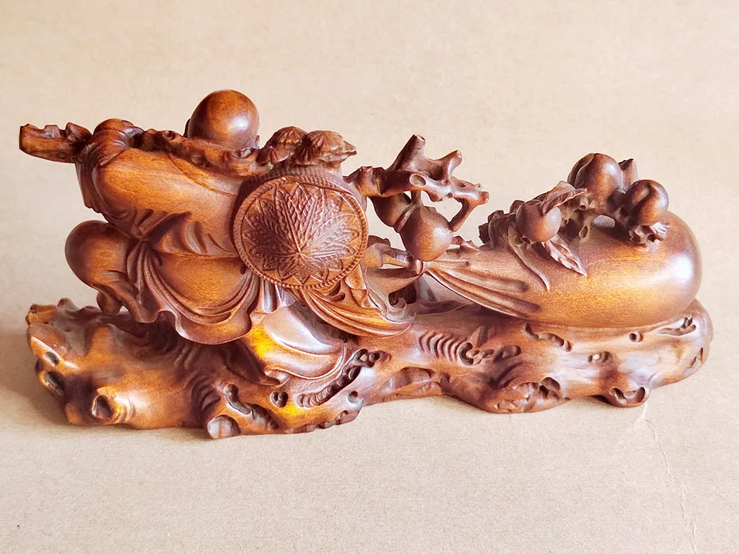 BY268 - 15 X 6 X 5 cm Boxwood Carved Figurine - Wealthy Buddha Statue Decoration Gift
