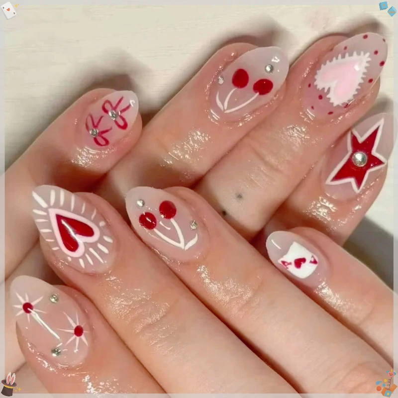 

24PCS Almond Shape Press on Nails Luxury Bow Red Love Cherry Design False Nails Sweet Cute Diamond Glamorous Manicure for Women