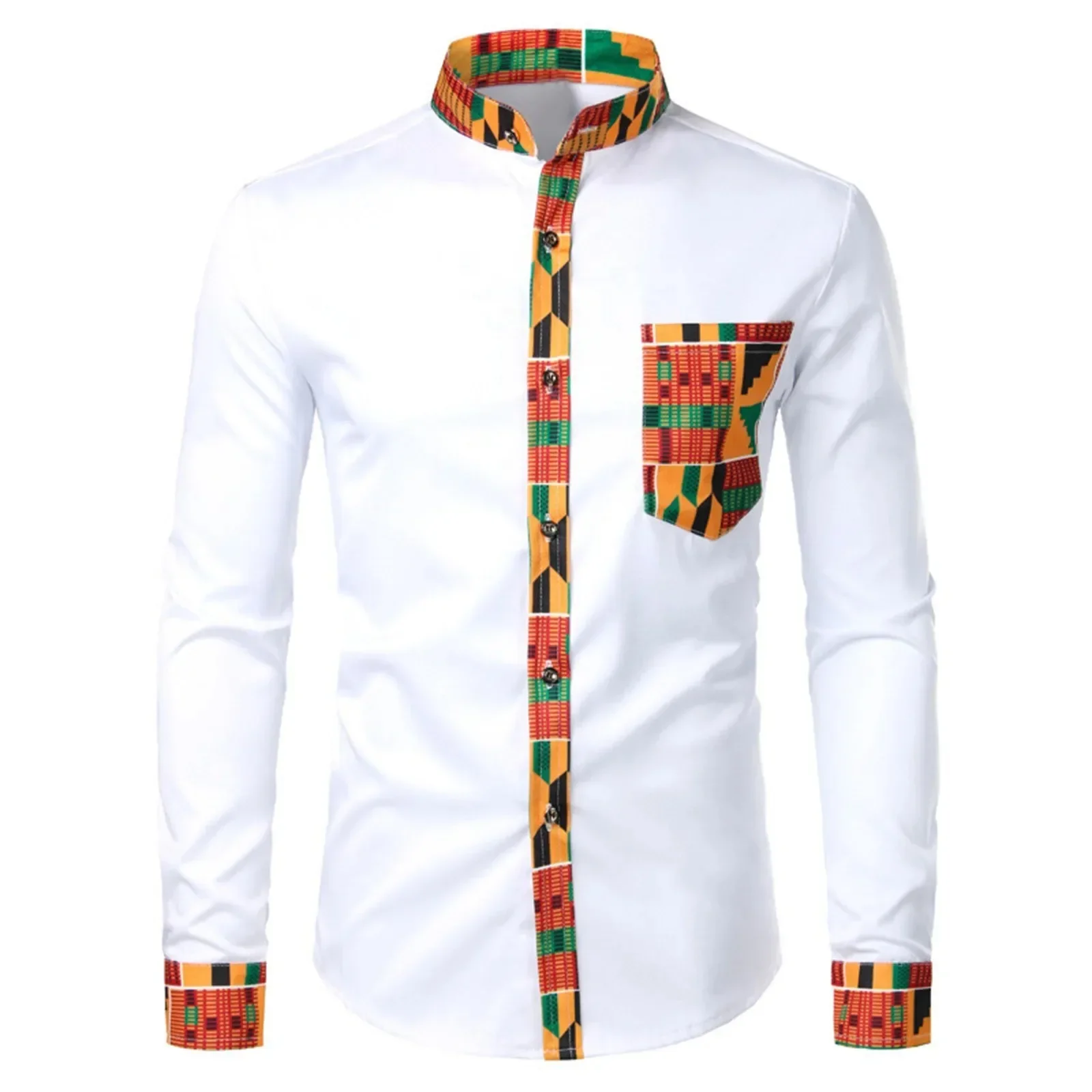 

African Shirts for Men Custom Made Kente Print Patchwork Casual Tops Long Sleeve Men Dashiki Shirts