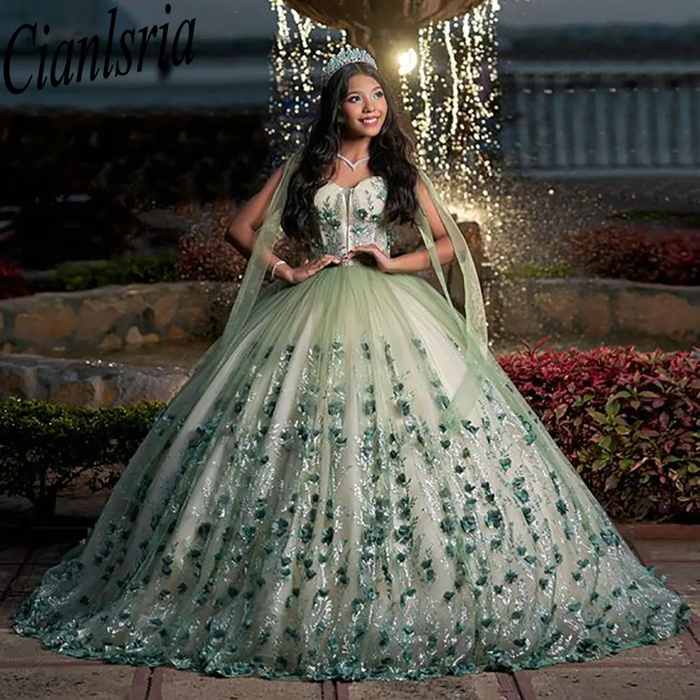 Abiti Quinceanera in pizzo con paillettes fiori 3D verde salvia con abito da ballo a mantella corsetto personalizzato abiti da XV Anos