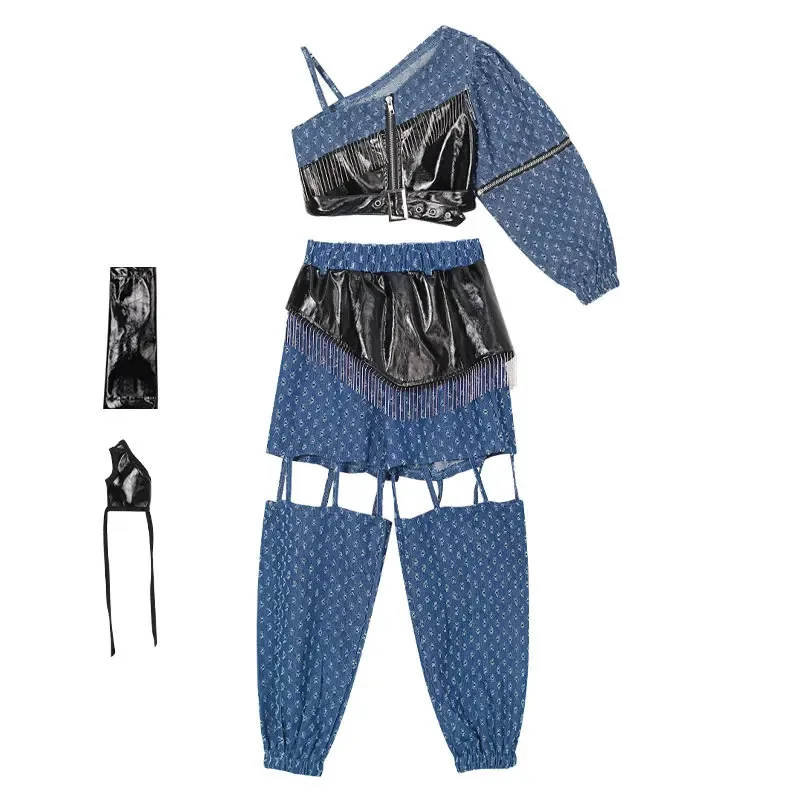 ZZL K-pop ملابس المسرح ملابس فتاة الرقص الحضري تصميم أزرق وأسود منحوت مجوف زي أداء الجاز الهيب هوب