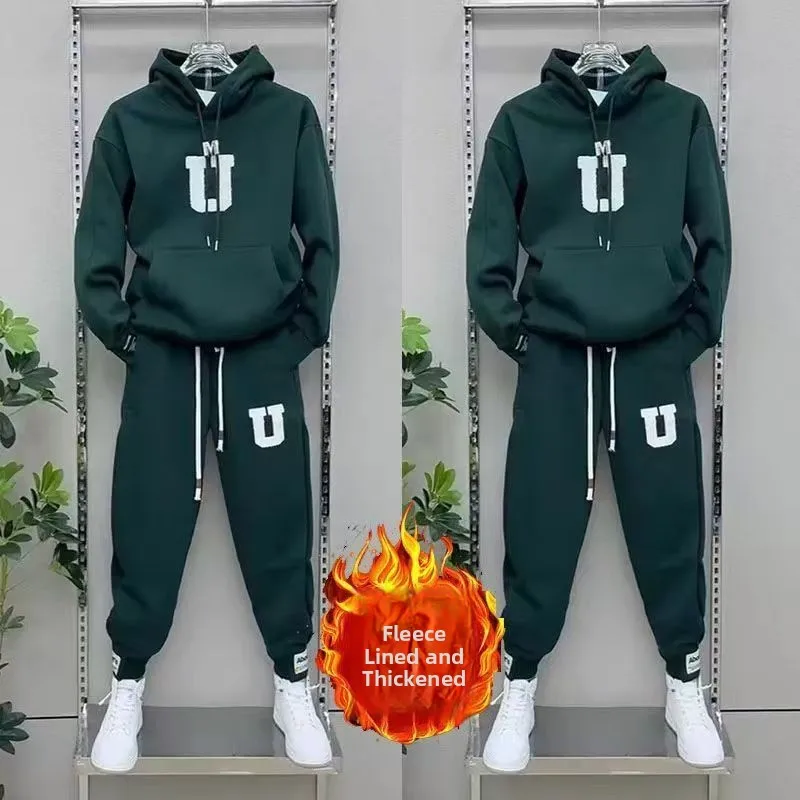 

Men's Trendy Fce-lined Hoodie And Joggers Sportswear Set Long Sve Long Pants Warm Casual Outfit for Youngsters