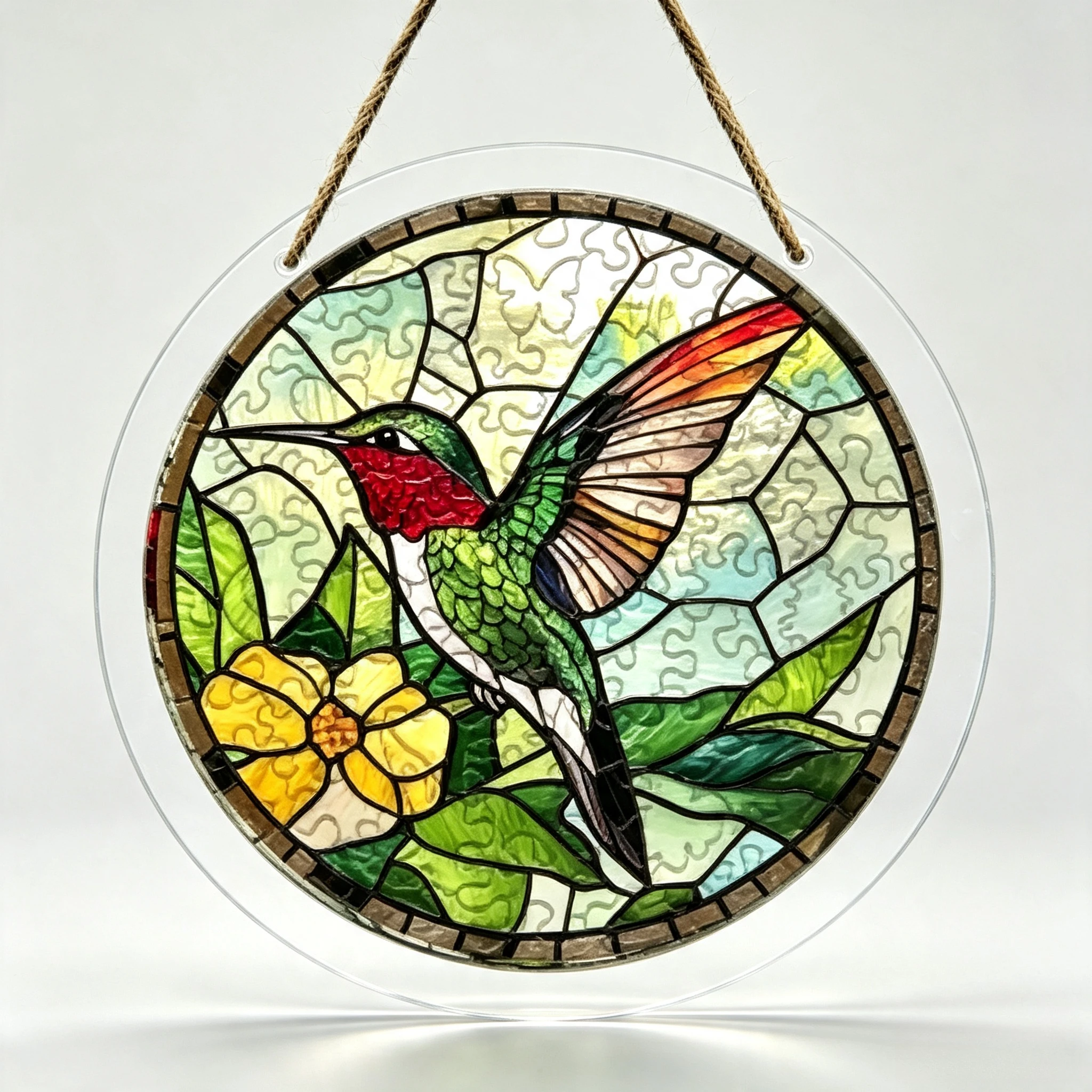 Round Acrylic Suncatcher Hummingbird with Yellow Blossom Jute Rope Hanging Sign