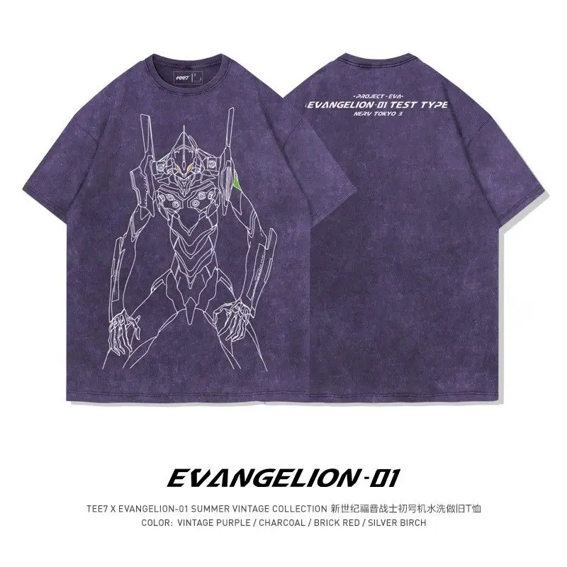 

Рубашка с короткими рукавами в стиле аниме Neon Genesis Evangelion, футболка EVA-01 в ретро-винтажном стиле, повседневная свободная футболка унисекс.