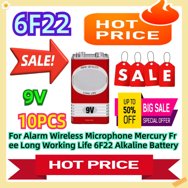 For Alarm Wireless Microphone Mercury Free Long Working Life 6F22 Alkaline Battery 9v 10pcs