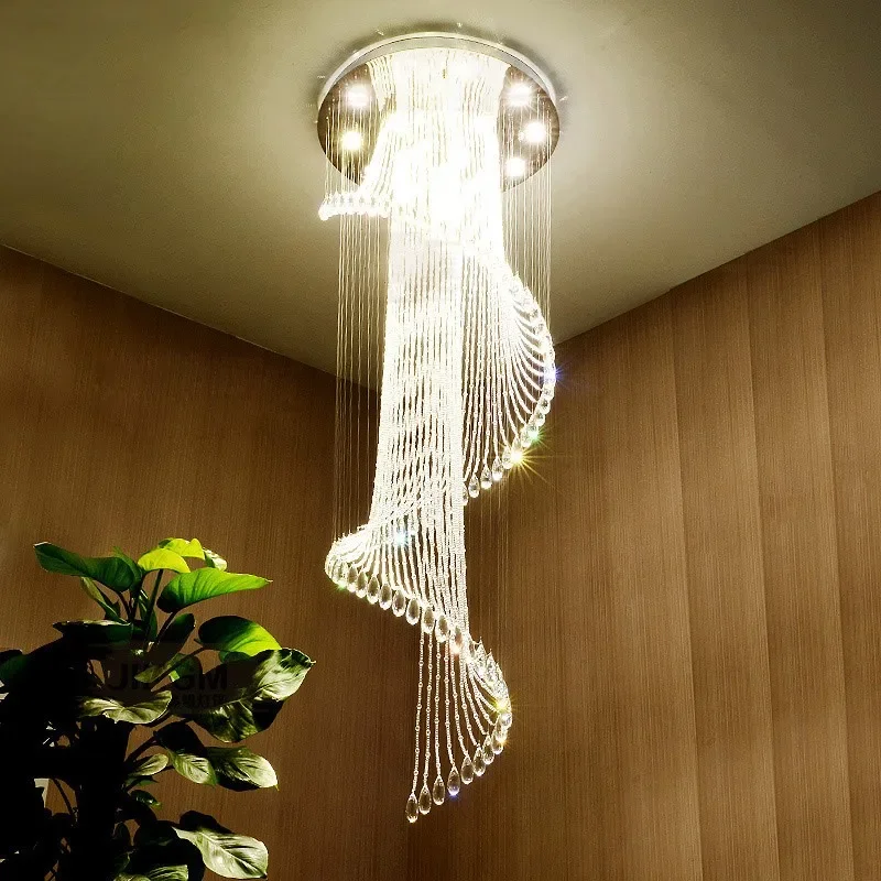 Modern Room Lights Spiral K9 Crystal Chandelier Staircase Creative LED Hanging Lamp Hotel Villa Decoraction Large Pendant Light