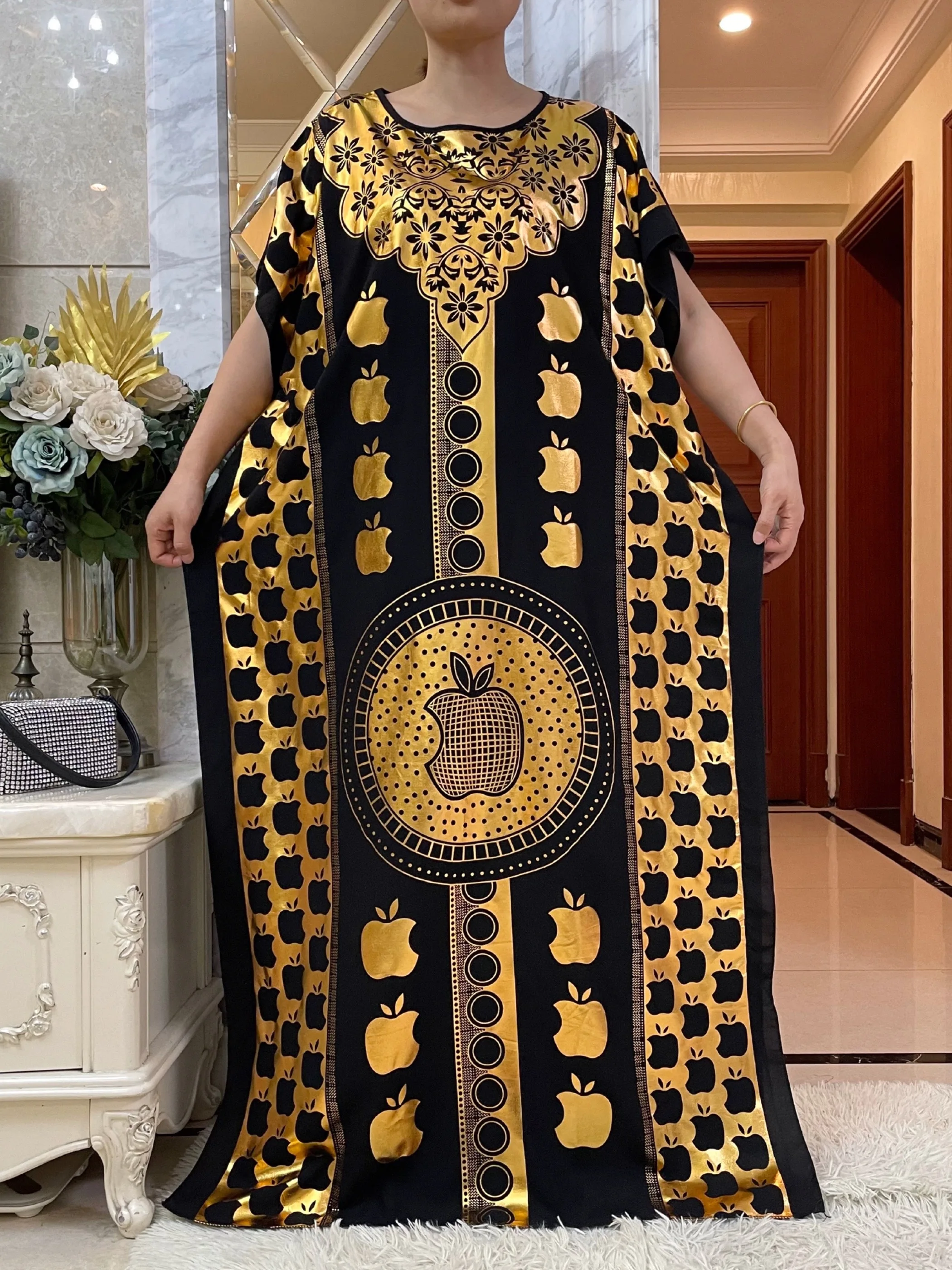 Muslim Summer Short Sleeve Cotton Robe Gold Stamping Boubou Maxi Women Femme Loose Dress With Big Scarf African Ramadan Abaya