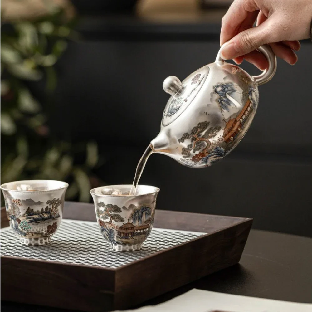 Hand-painted 999 Silver Wanli Mountain and River TeaSet High-end Light Luxury Teapot Outdoor Portable 1 Pot 2 Cups Travel TeaSet