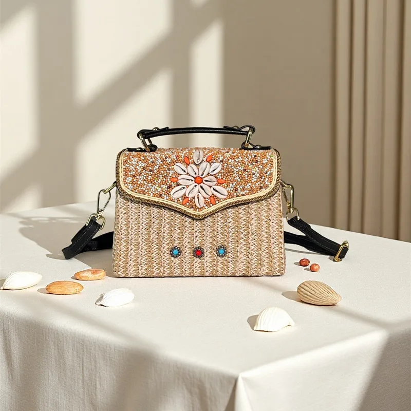 

2025 Bohemian Style Women New Shell Beaded Woven Straw Handbag Luxury Retro Beach Crossbody Bag Lady Trendy Shoulder Square Bag