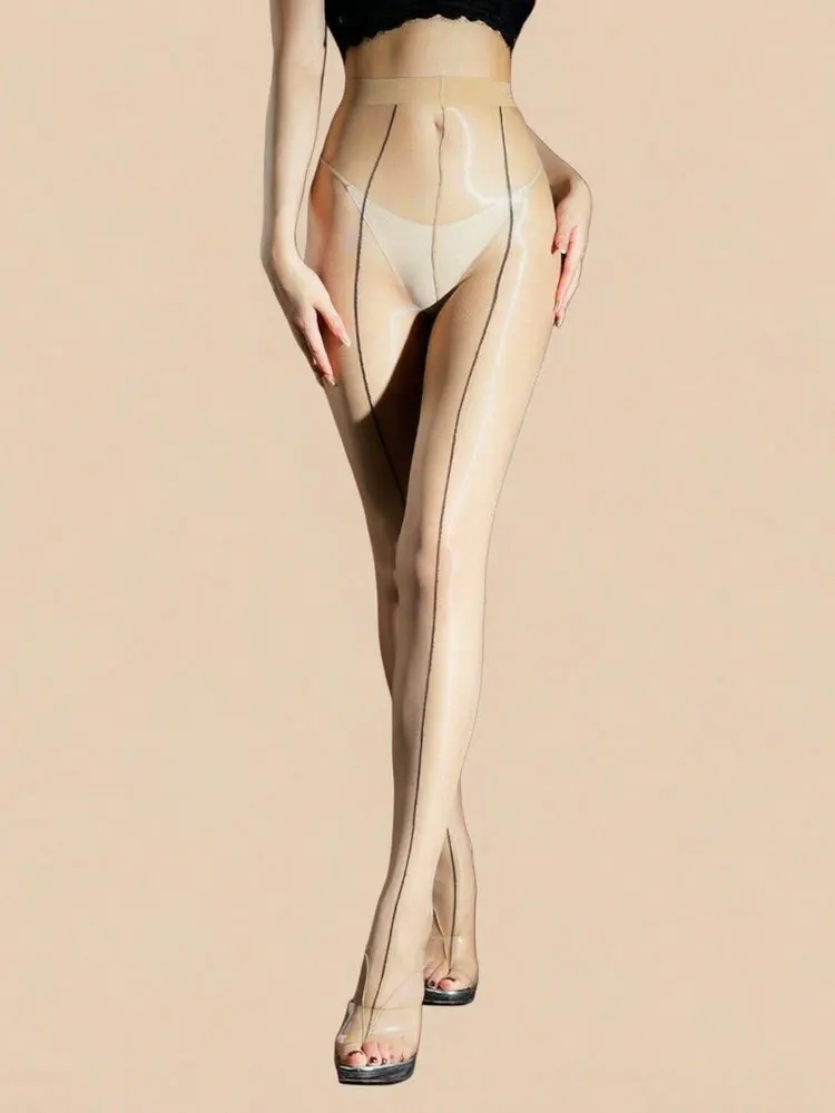 Clip Toes Foot Style Pantyhose 3D Oil Shiny Glossy Sheer Doule Stripe Fashion Thin High Waist Elastic Tights Woman Pantyhose