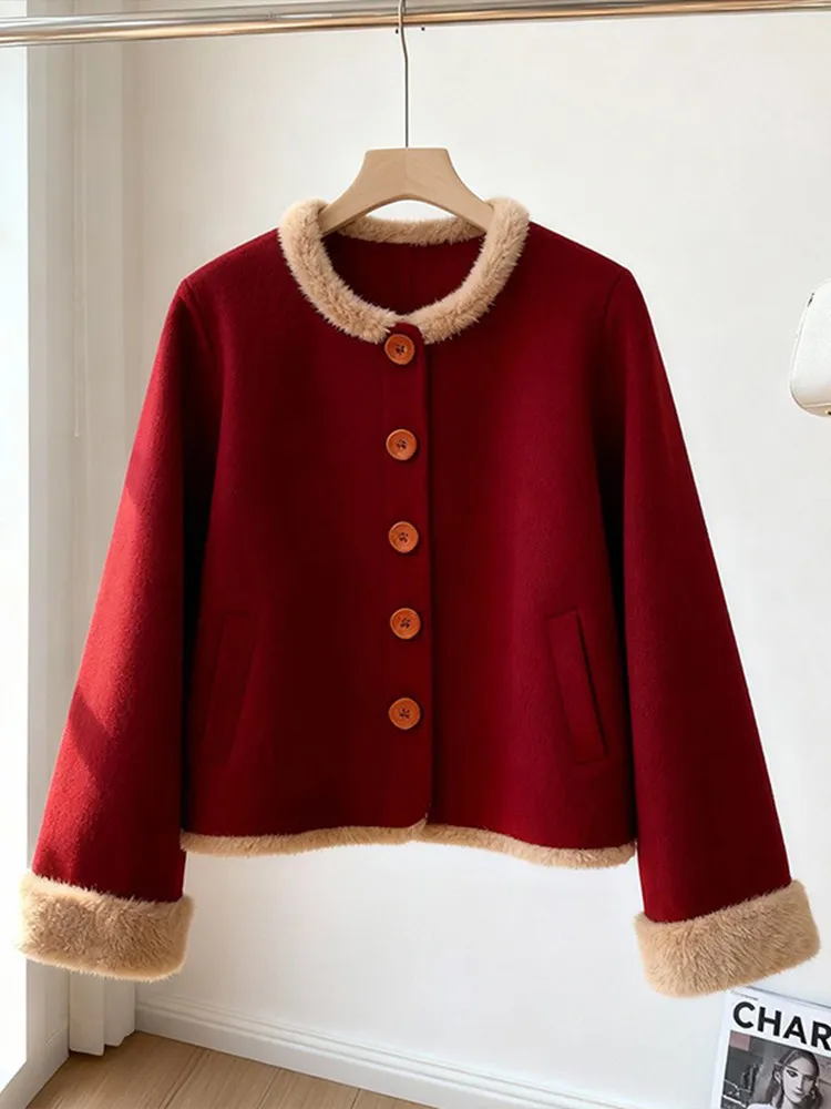 

Faionable Red Button Cardigan Coat round Ne Cotton Jaet Small Size Sli Korean Version Pure Color Thiened ort Sle