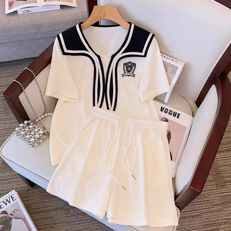 Summer Preppy Style Fashion Women\'s Clothing Ladies Solid Color Loose Elastic Waist Short Sets 2024 New Short Sleeve Pullovers