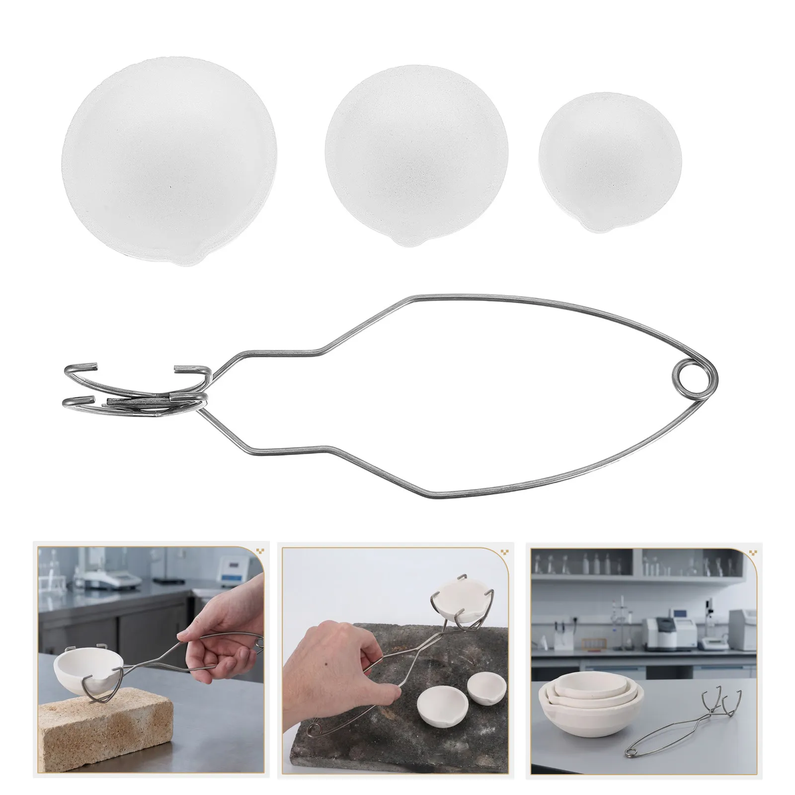 1Set Jewelry Casting Metal Crucible Ceramic Quartz Kit 10.43in Tongs 3.39in Diameter 3 Bowls Gold Silver Copper Brass Melting