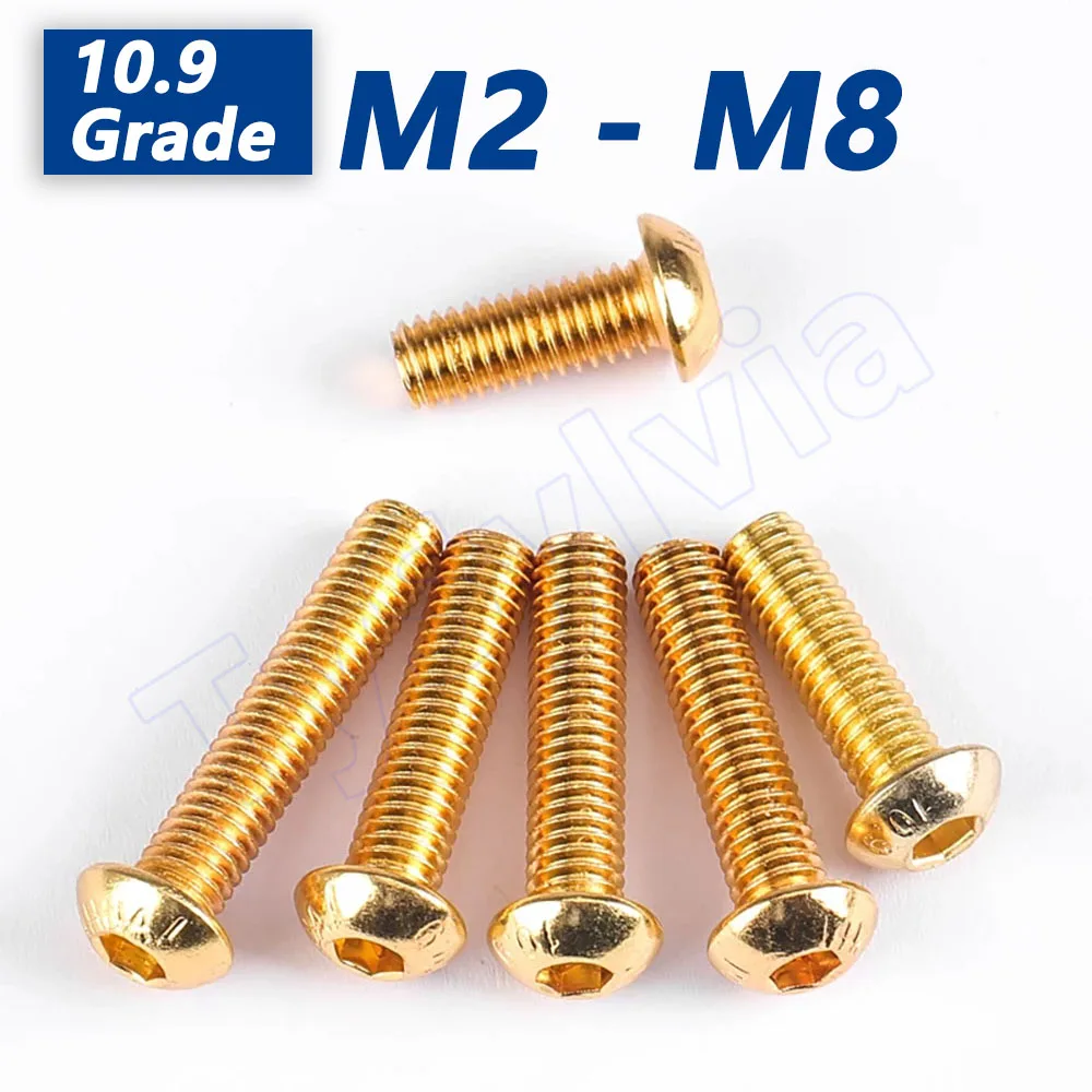 M2-M8 Button Head Socket Cap Screw 10.9 Grade Titanium Gold Hex Allen Bolt High Strength Steel for RC Car 3D Printer DIY