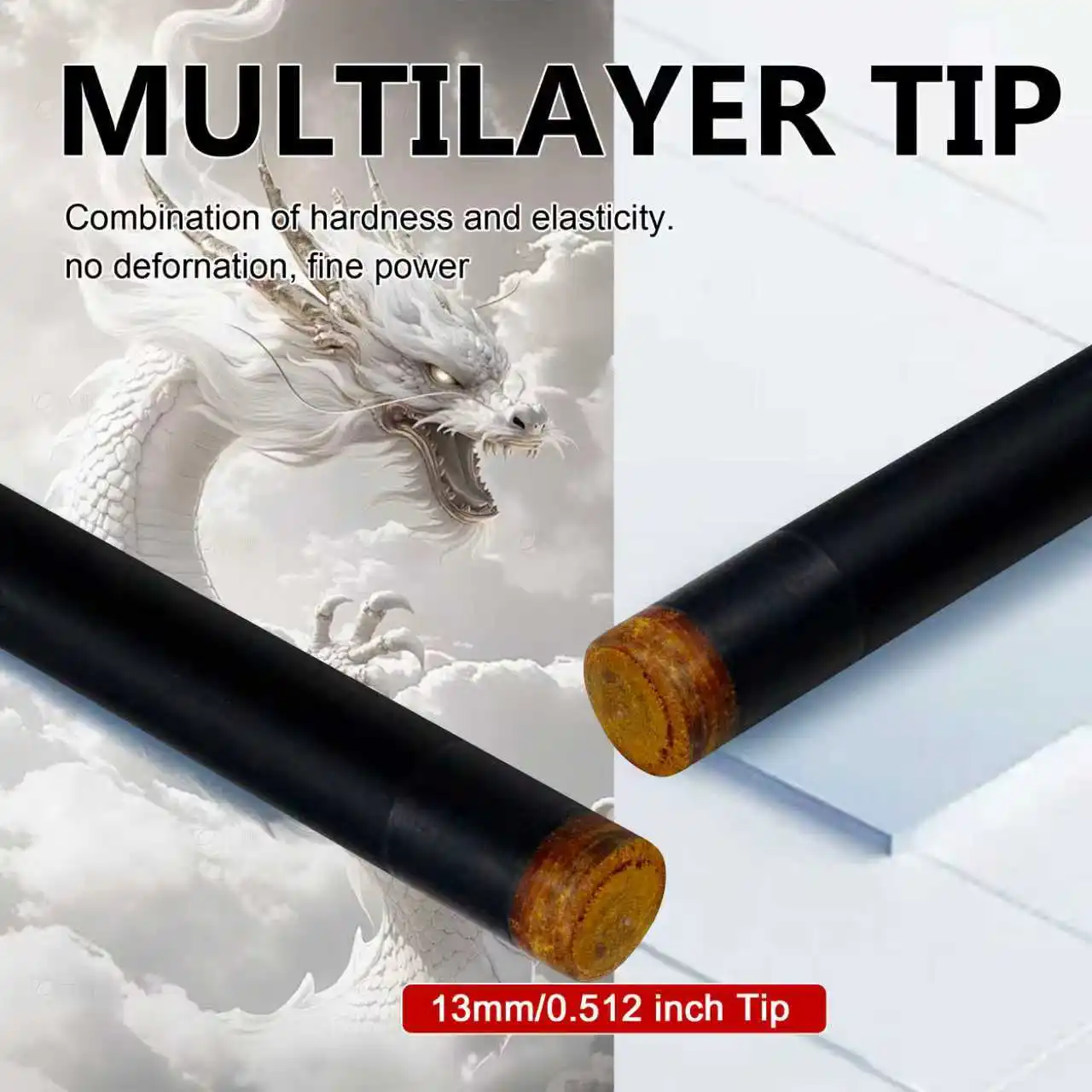 13mm 2-Piece Pool Cue Uni-Loc Joint, Fiberglass, Multi-Layer Tip, Unique Pattern, Durable Bumper