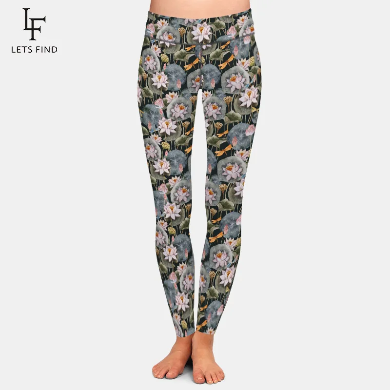 Letsfind Hoge Quaility Mooie Aquarel Lotus Print Vrouwen Leggings Fashion Hoge Wiast Soft Slim Fitness Leggings