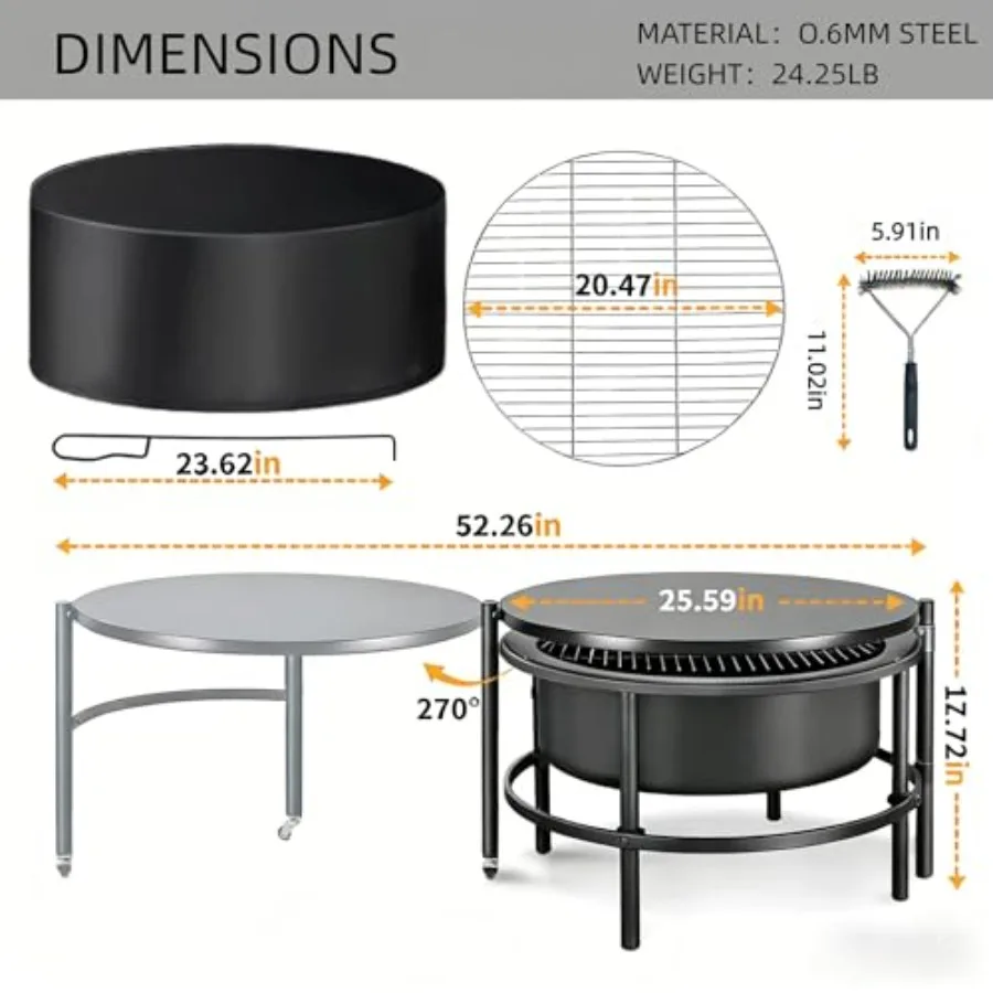 Outdoor fire pit for backyard use, cold-finished steel bowl, black, rotating BBQ grill table with poker, brush and waterproof c
