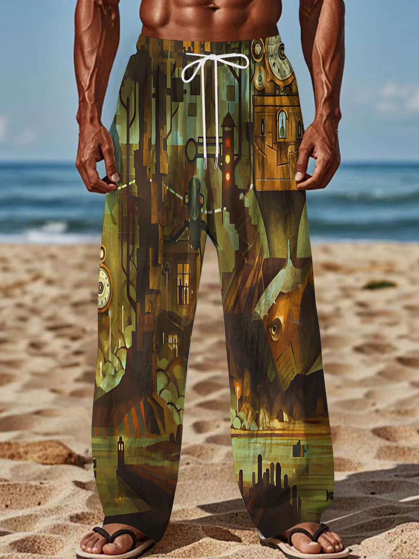 

2026 Men's Printed Straight Leg Pants Abstract Wave Pattern Drawstring Waist Loose Fit Summer Beach Casual Lightweight Pants