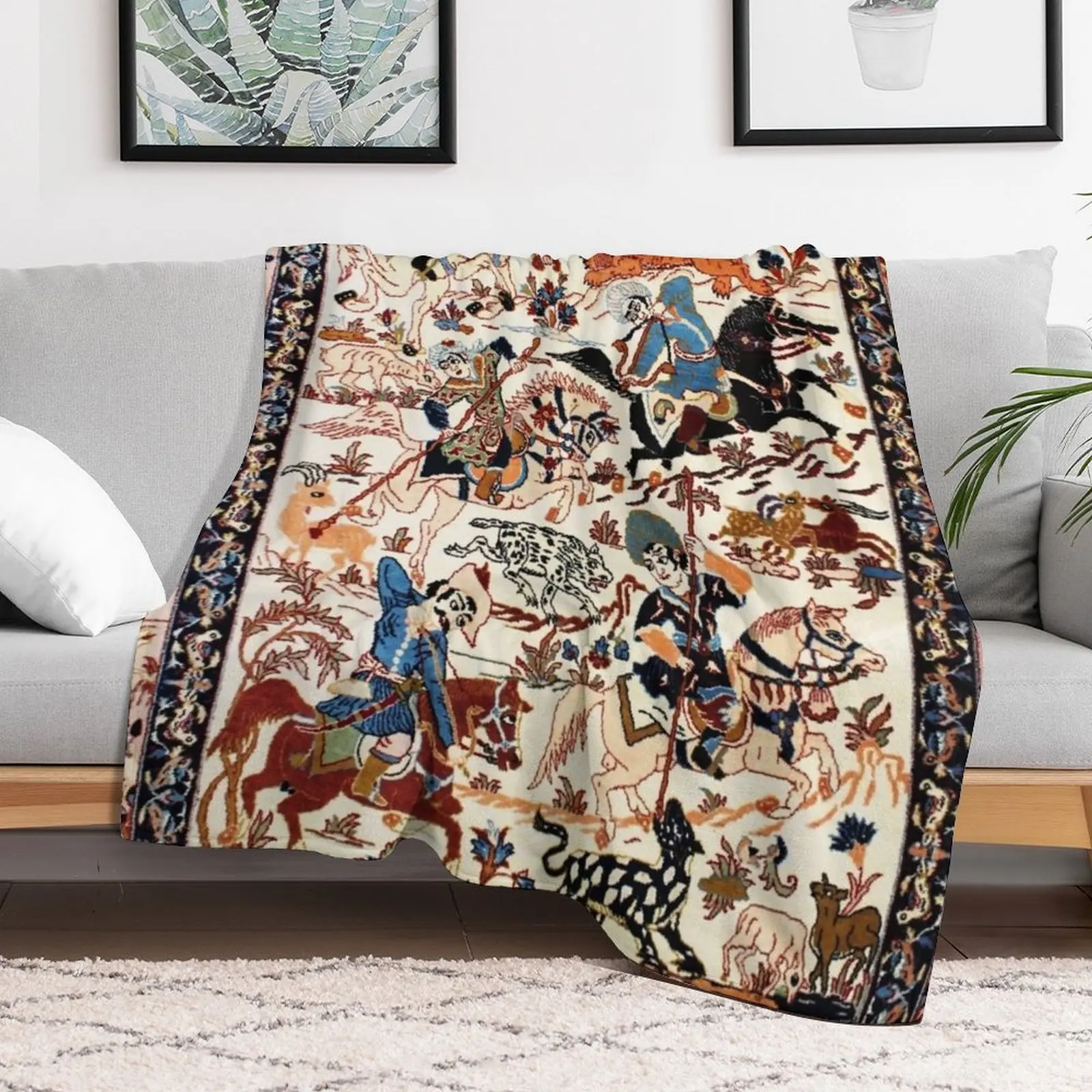 Blue Antique Persian Isfahan Silk Rug with Flowers Animals Print Throw Blanket Plaid anime Plush Blankets