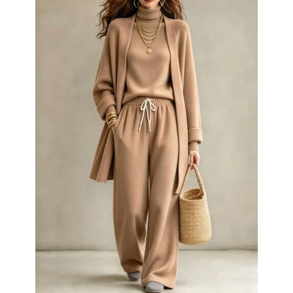 Autumn Winter New Fashion Double-sided Velvet High Collar Base Shirt Long Coat 3-piece Set Women's Casual Warm Wide Leg Suit2026