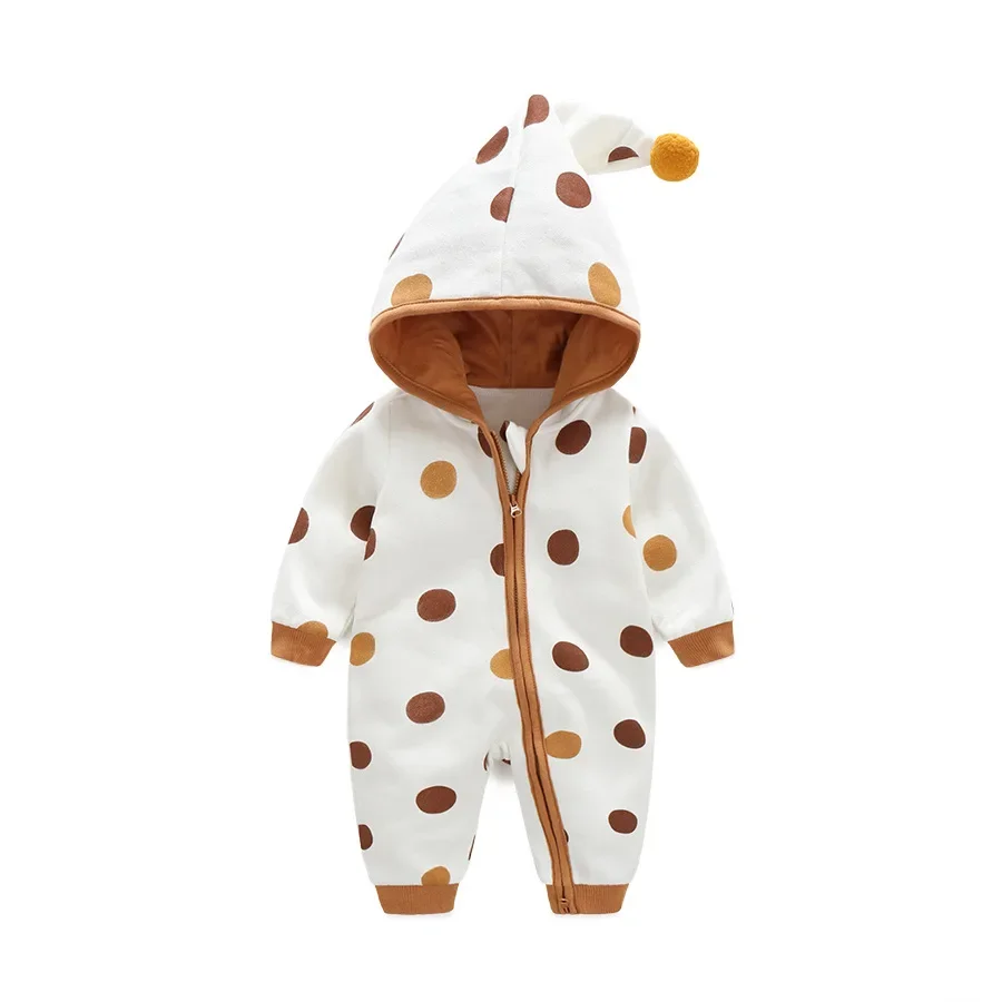 0-24M Newborn Kid Baby Boy Girl Winter Clothes Thick Warm Hooded Baby Romper Long Sleeve Thick Jumpsuit Polka Dot Print Outfit