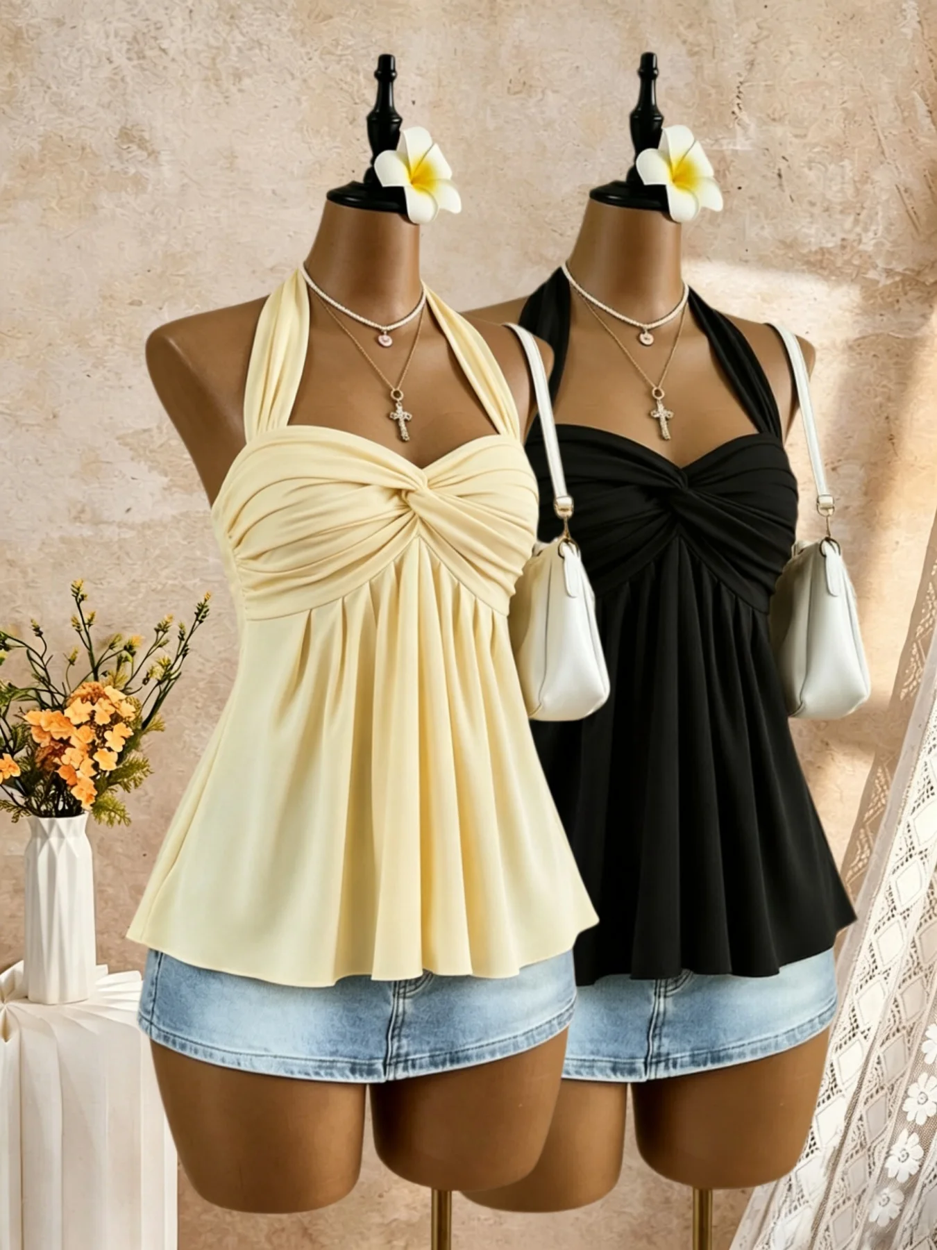 2 Pack Multi-color Women Halter Twist Front Sweetheart Neck Flared Peplum Camisole 2026 Summer Y2K Solid Color Beach Vacation Sl