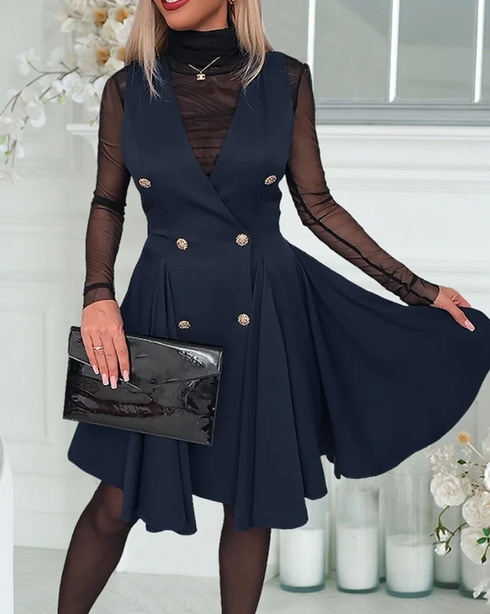 Womens Dresses 2025 Spring New Deep V-Neck Sleeveless Metal Button Criss Cross Flare Midi Dress Elegant Office Lady Work Dress