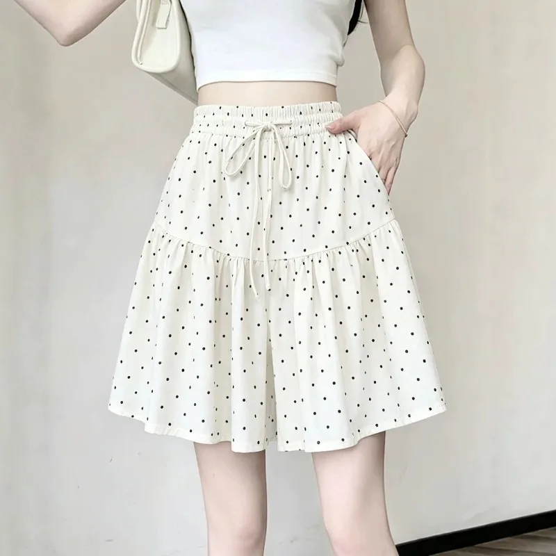 

Women's Shorts High-waist Polka Dots Printing Pleats Drawstring Pocket Wide Leg Shorts Skirt Breathable Knee Length Beach Shorts