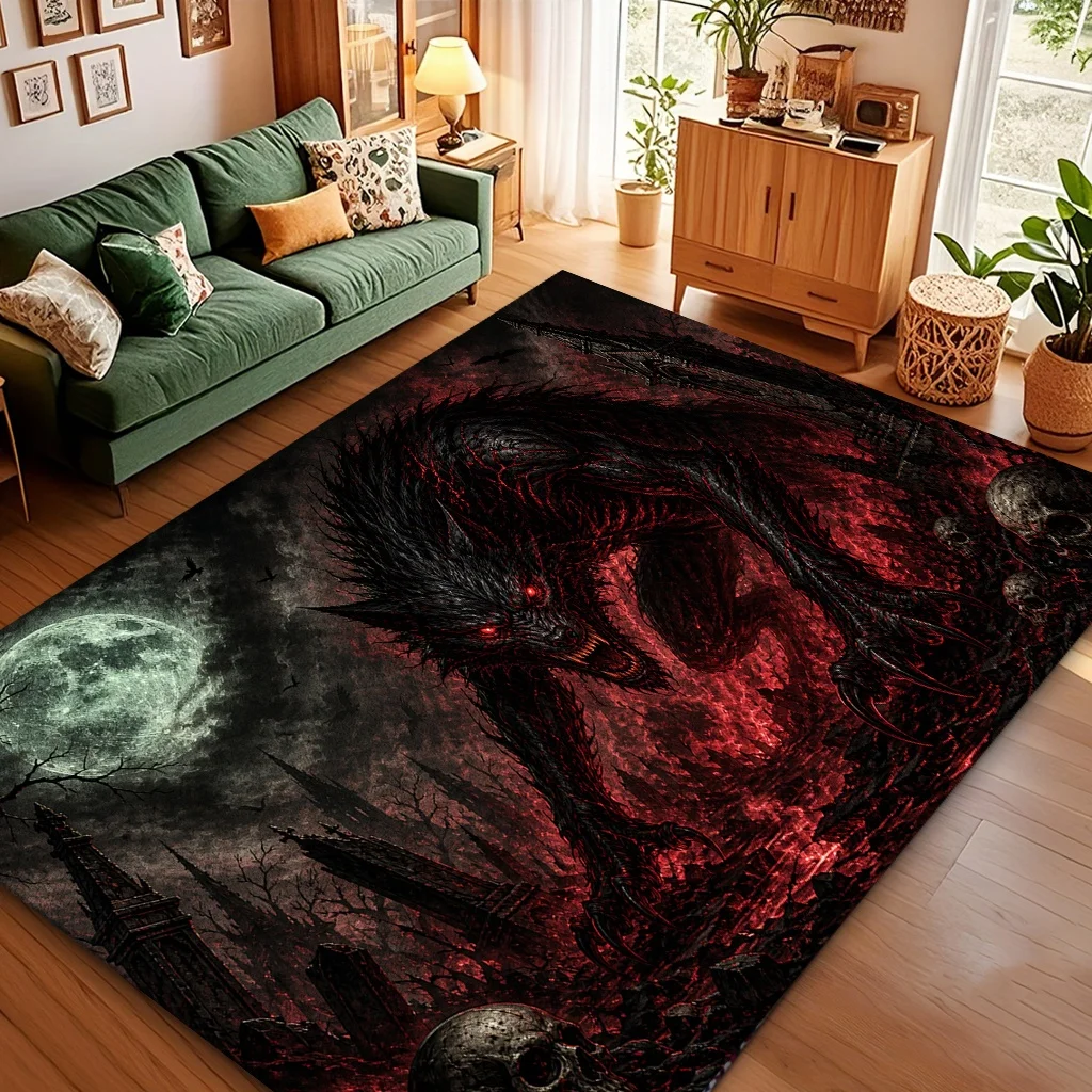 Gothic Blue Flame Skull Rectangle Area Rug Mystic Smoke Print Home Living Room Floor Carpet Halloween Decor Mat