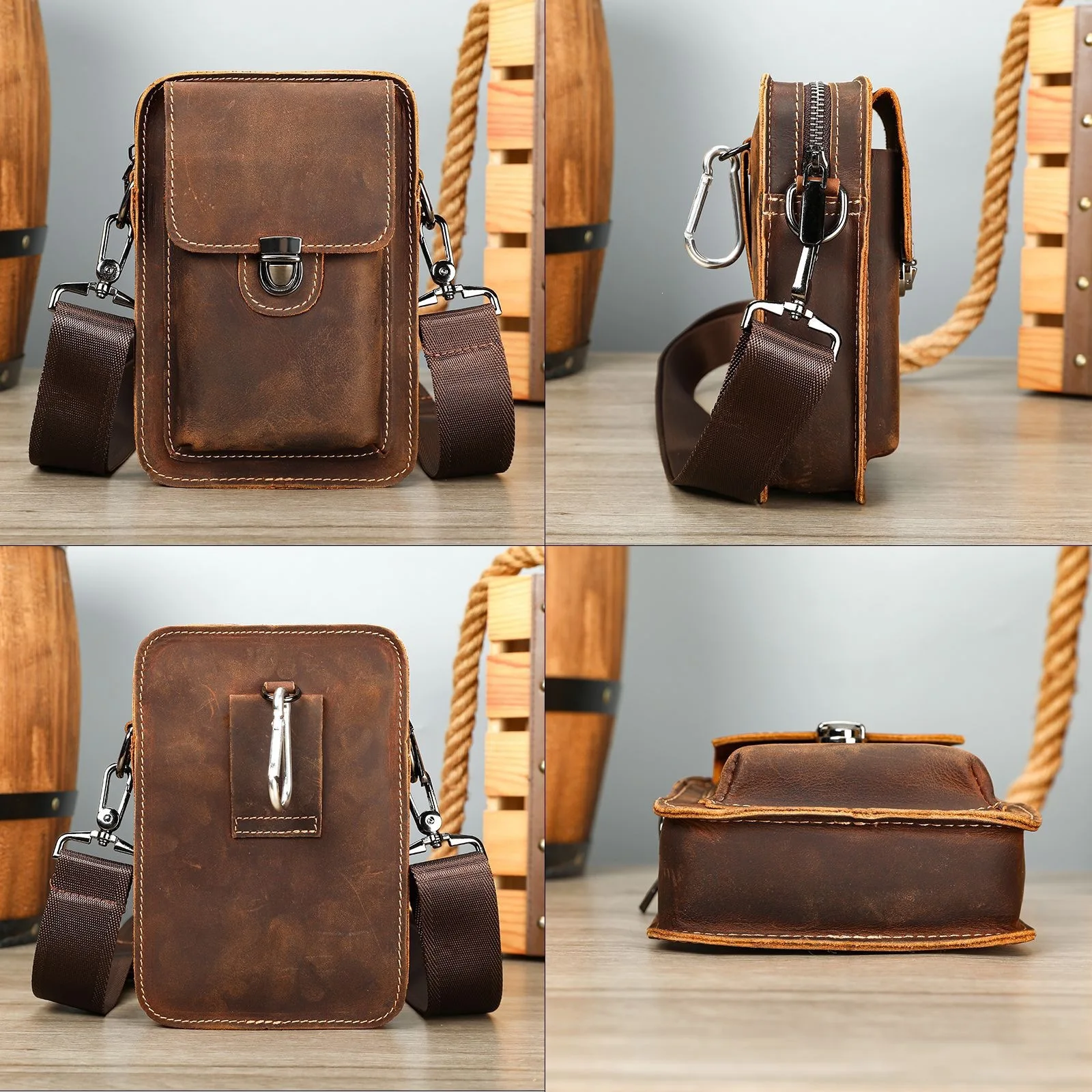 3-Way Crazy Horse Leather Sling Bag - Multifunctional Men's Belted Waist Pack, Retro Crossbody Shoulder Bag for Hiking