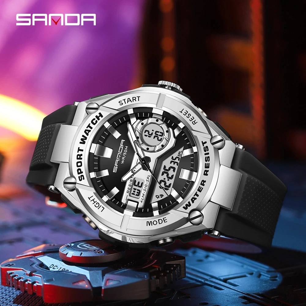 SANDA Brand Men Multifunctional Dual Display Watch Luminous LED Digital Watch Luxury Gold Mens Watches Relogio Masculin 3123