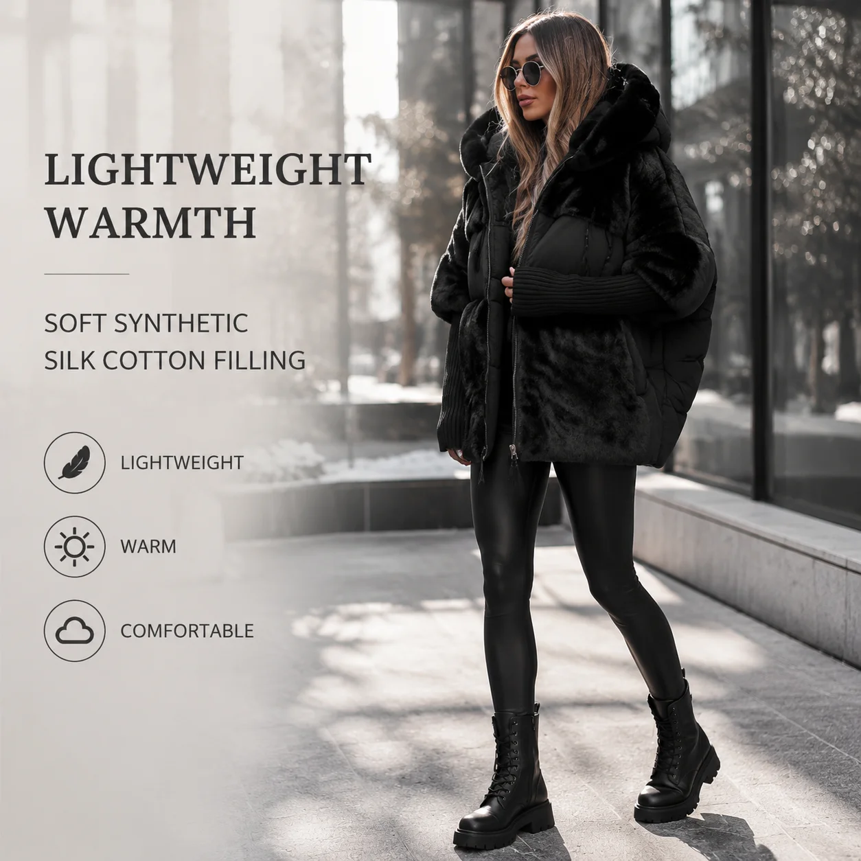 Women's Winter Puffer Jacket Synthetic Silk Cotton Warm Coat Faux Fur Hood S-3XL size Casual Quilted Jacket Windproof Outerwear