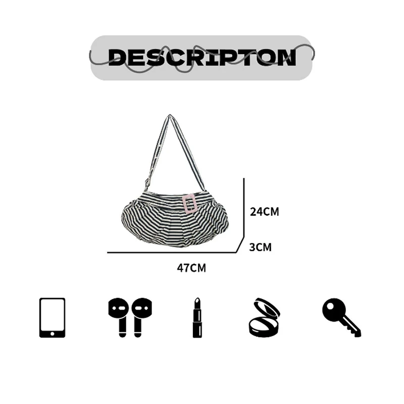 Gestreifte Plissierte Hobo-Canvas-Schultertasche, Vielseitige Damen-Handtasche für den Arbeitsweg, Tägliche Casual-Chic-Handtasche, Leichtgewicht – Detail 2