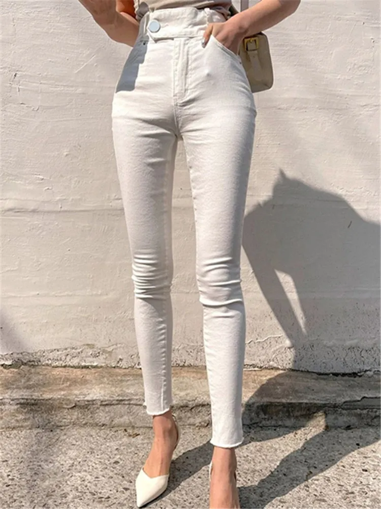 Quần Jeans Nữ Skinny Jeans Nữ Quần Denim Nữ Vintage Quần Lửng Jeans Nữ Quần Bút Chì Ôm Co Giãn Femme Cao Cấp Trắng