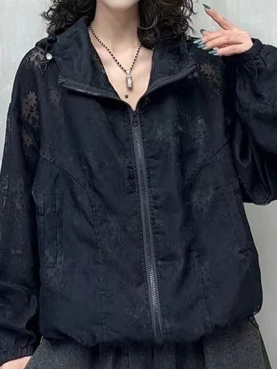 

plus Size 300 Pou Women's Casual Loose Thin Hooded Sun Protection Jaet Outerwear Korean Sle Splice Top Summer